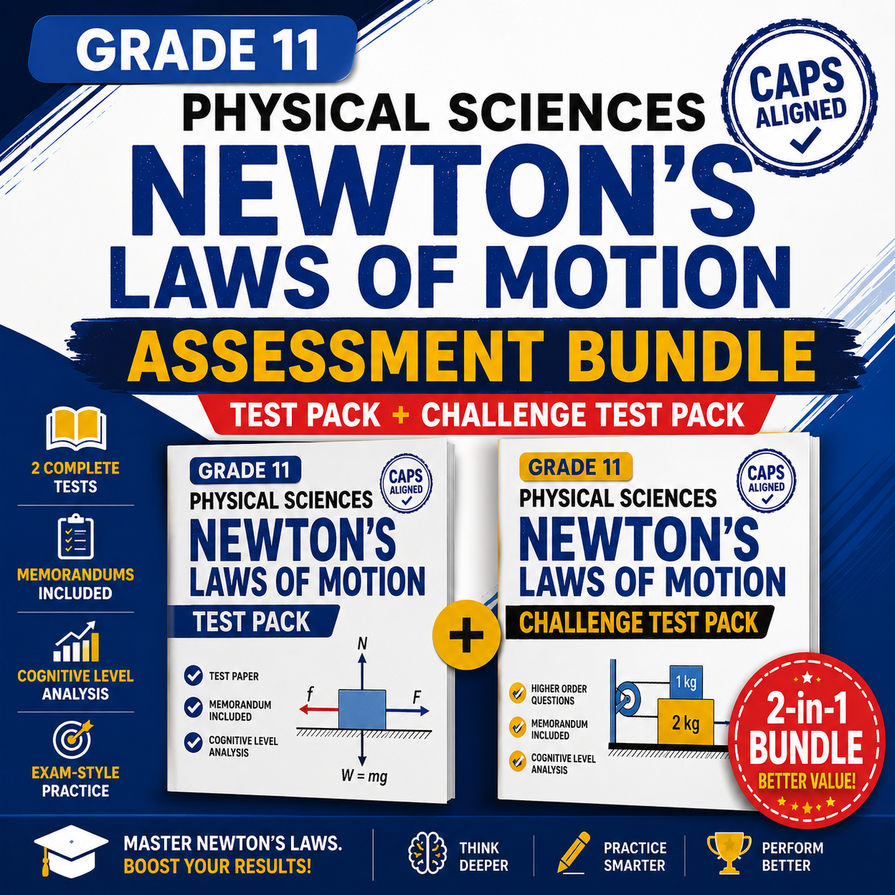 Promotional image for Grade 11 Physical Sciences Newton's Laws of Motion Assessment Bundle with test packs and challenge test pack.