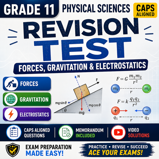 Revision test for Grade 11 Physical Sciences on forces, gravitation, and electrostatics with educational graphics.