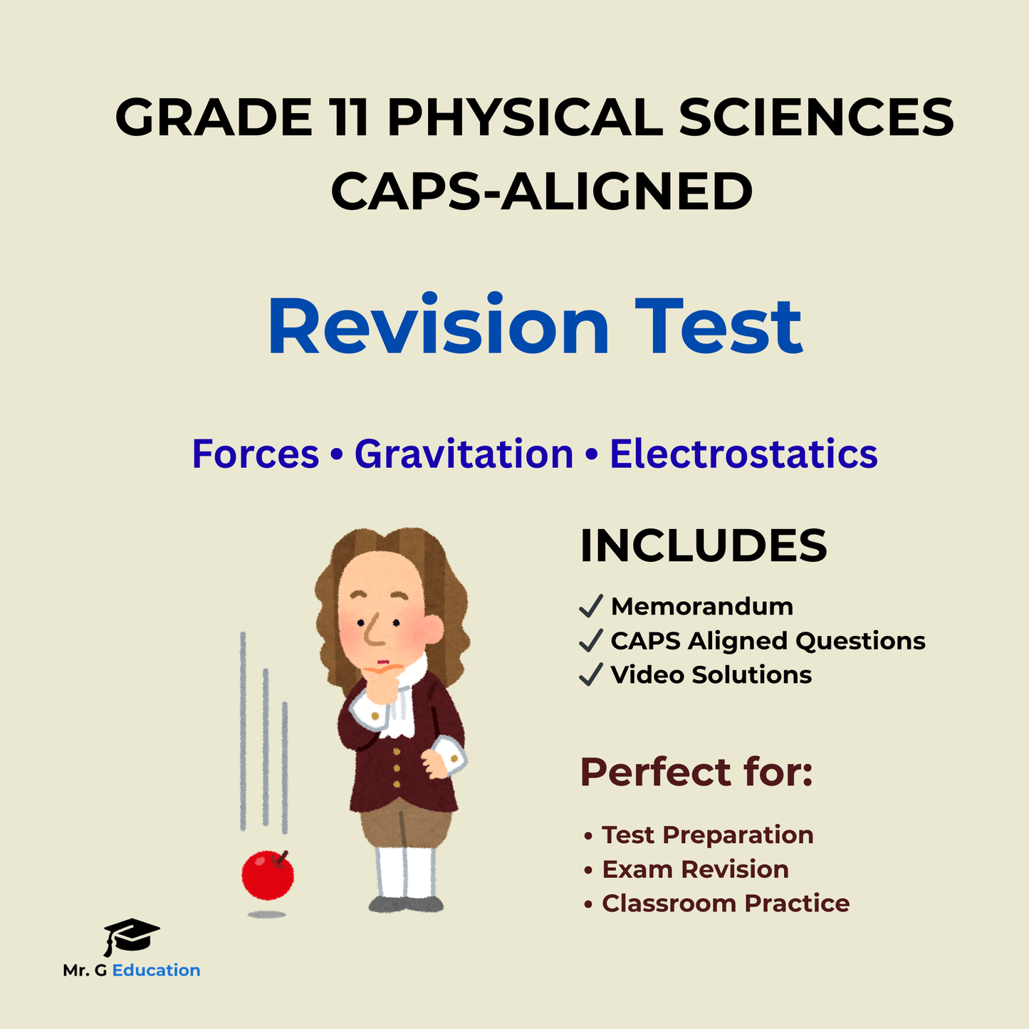 Revision test cover for Grade 11 Physical Sciences with a cartoon character and educational text.
