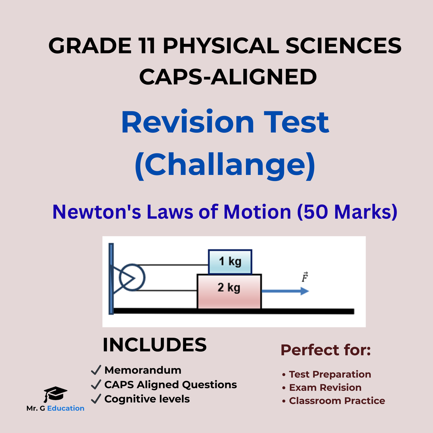 Promotional image for a Grade 11 Physical Sciences revision test on Newton's Laws of Motion, with text and diagram on a light gray background.