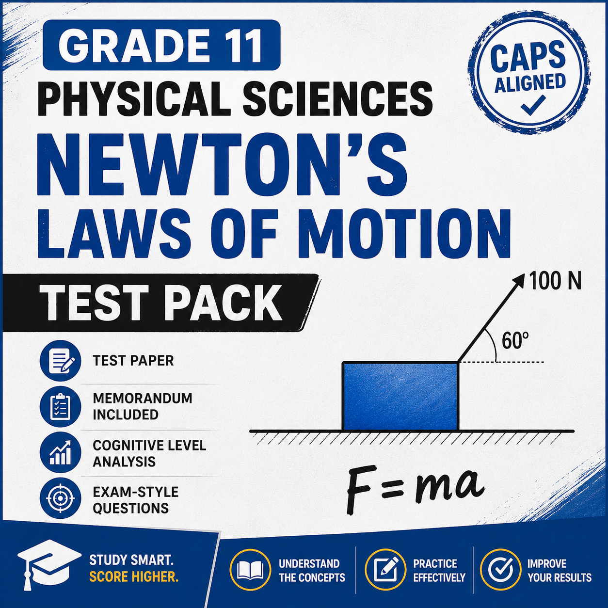 Test pack cover for Grade 11 Physical Sciences Newton's Laws of Motion with educational graphics and text.