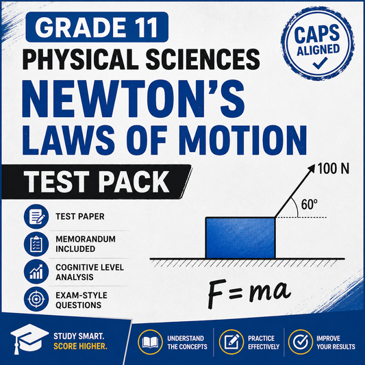 Test pack cover for Grade 11 Physical Sciences Newton's Laws of Motion with educational graphics and text.