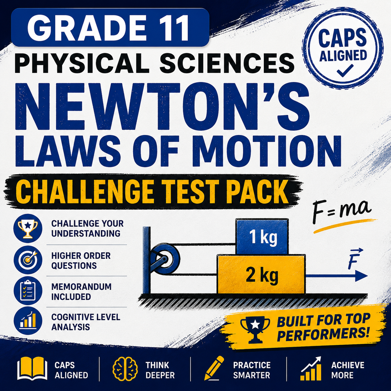 Promotional image for Grade 11 Physical Sciences Newton's Laws of Motion challenge test pack with educational graphics and text.