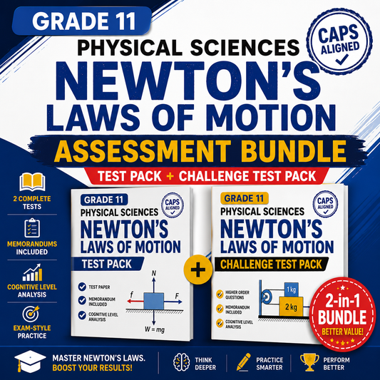 Promotional image for Grade 11 Physical Sciences Newton's Laws of Motion Assessment Bundle with test packs and challenge test pack.