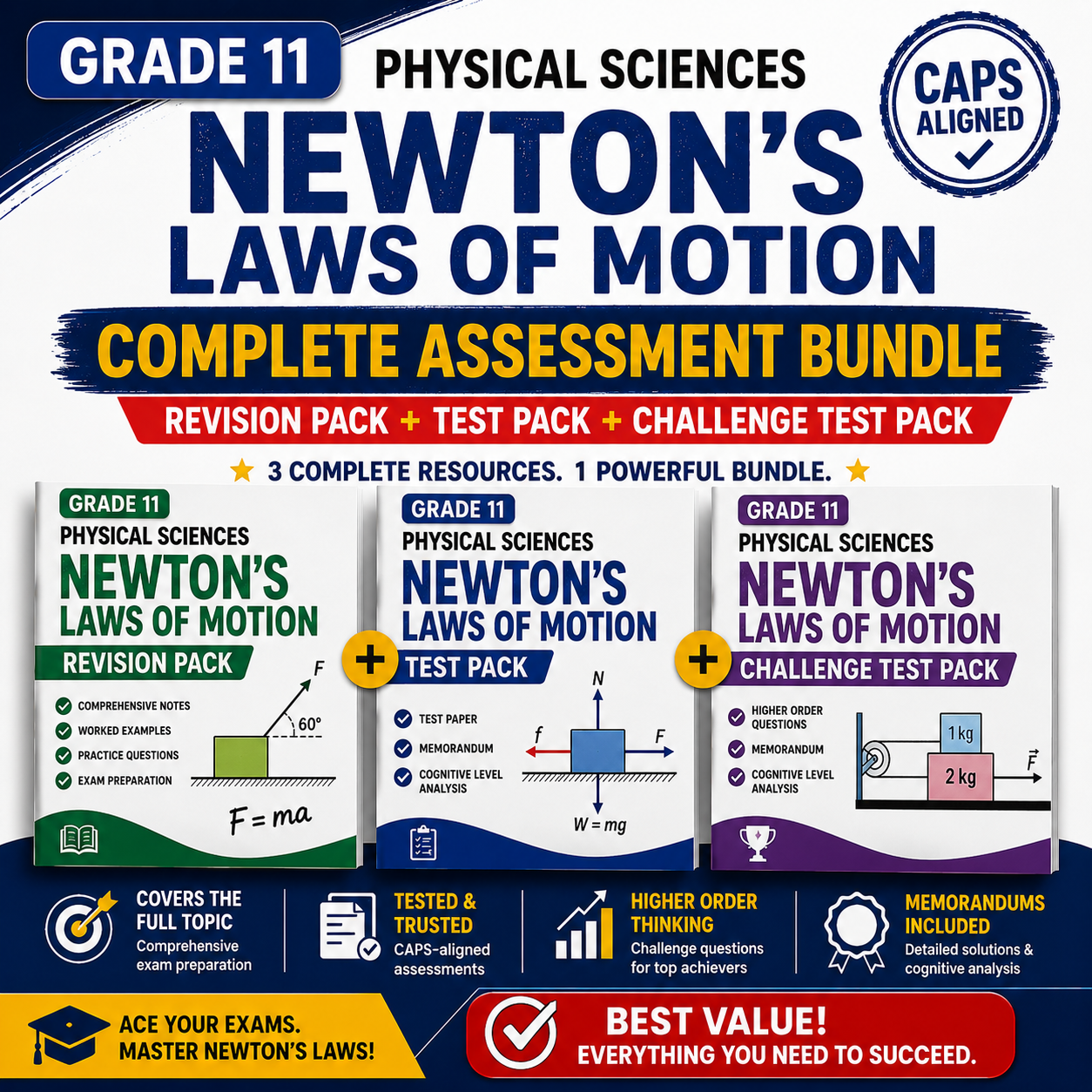 Newton's Laws of Motion educational bundle for Grade 11 Physical Sciences with revision, test, and challenge test packs.