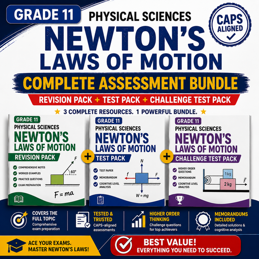 Newton's Laws of Motion educational bundle for Grade 11 Physical Sciences with revision, test, and challenge test packs.