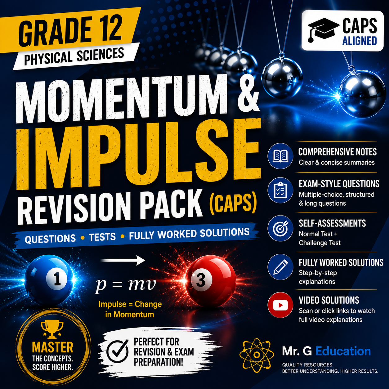 Revision pack for Grade 12 Physical Sciences on momentum and impulse with educational graphics and text.