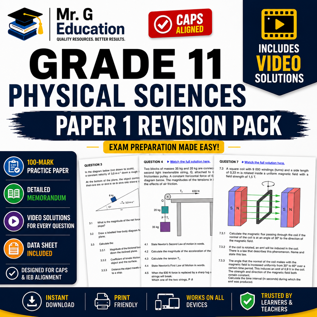 Grade 11 Physical Sciences Paper 1 Revision Pack by Mr. G Education with video solutions and exam preparation features.