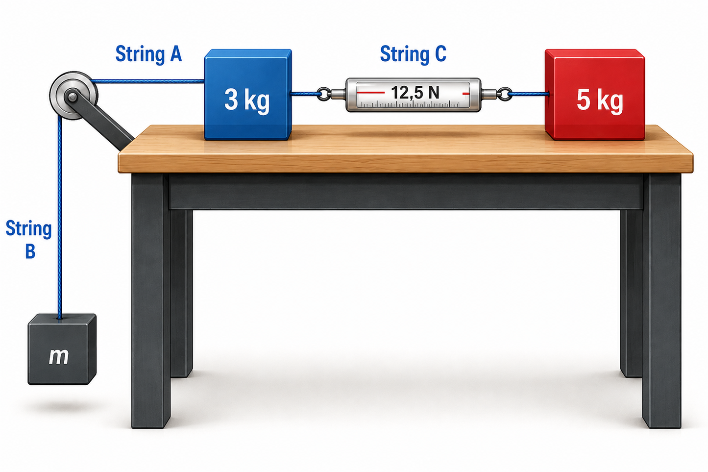 Illustration of a table with weights and strings labeled on a white background