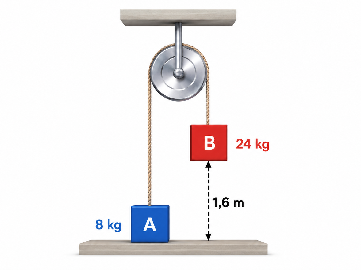 Physics problem with two masses connected by a string over a pulley on a white background