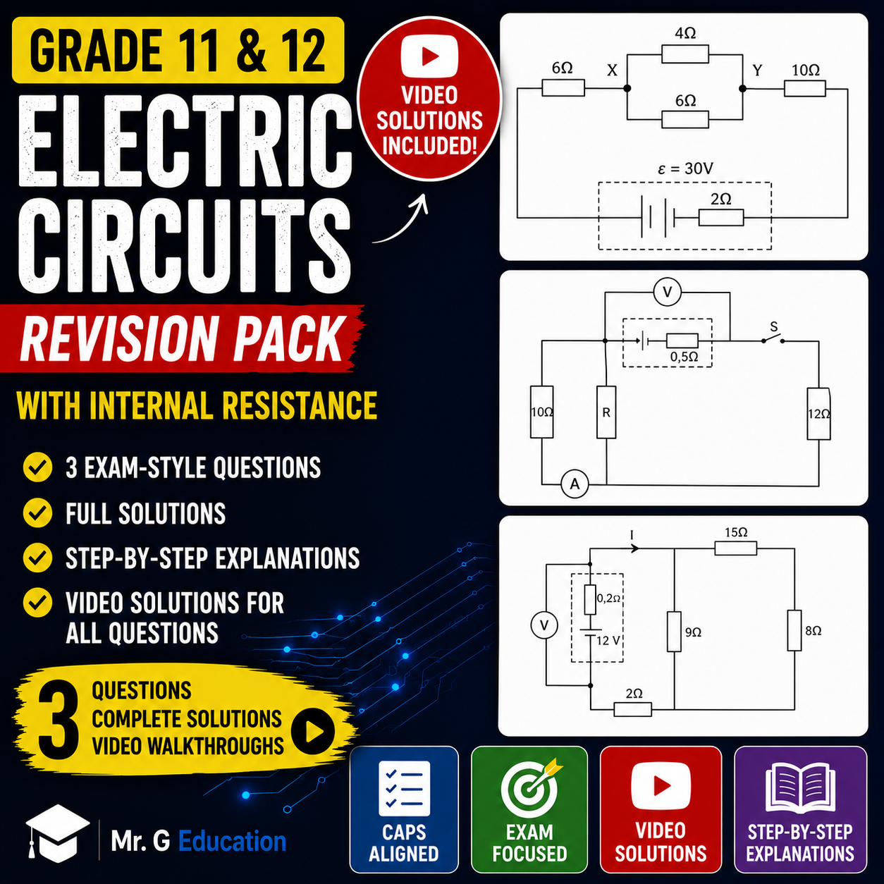 Electric circuits revision pack for Grade 11 & 12 with diagrams and text on a black background