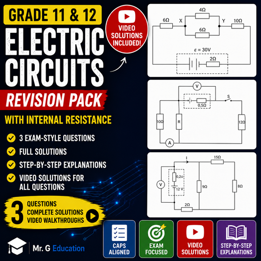 Electric circuits revision pack for Grade 11 & 12 with diagrams and text on a black background