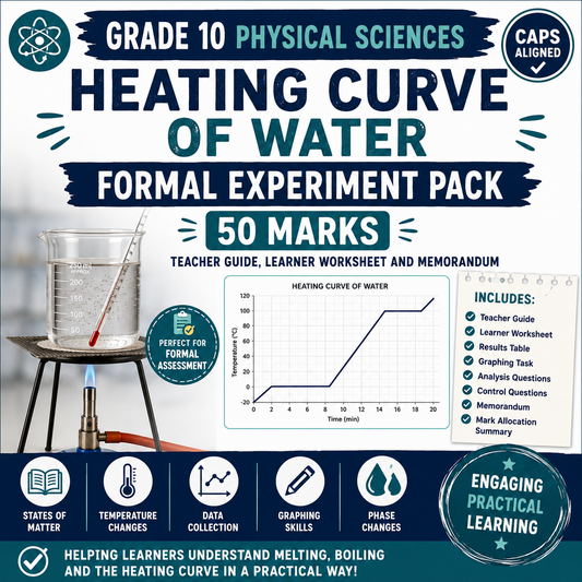Cover of a Grade 10 Physical Sciences experiment pack on the heating curve of water, featuring a beaker with a thermometer and a graph.