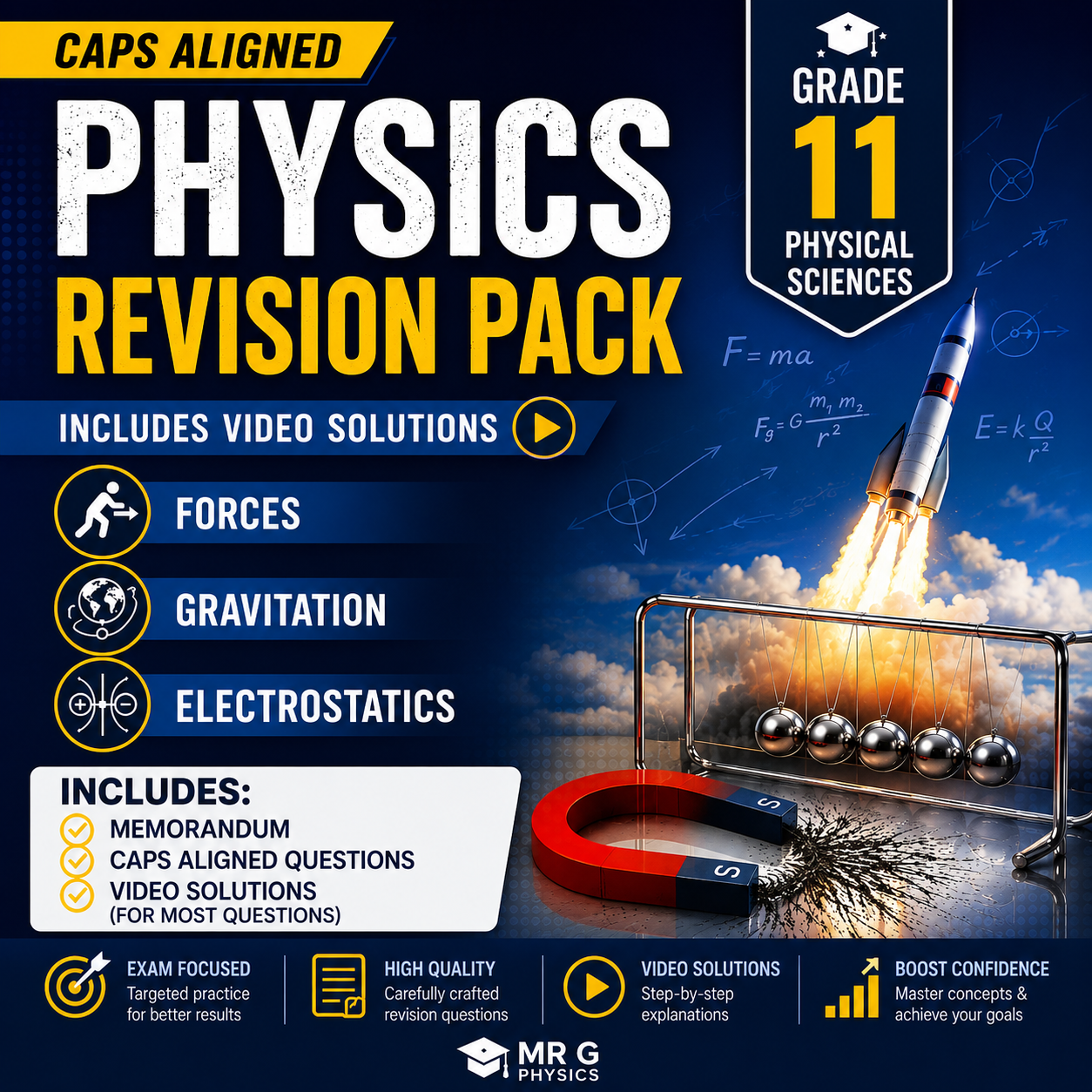 Physics revision pack for Grade 11 physical sciences with rocket and magnetic field illustration.