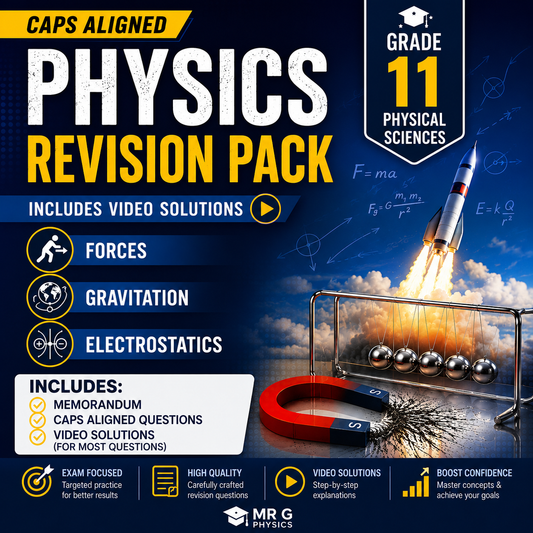 Physics revision pack for Grade 11 physical sciences with rocket and magnetic field illustration.
