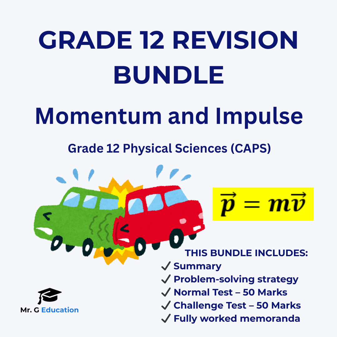 Grade 12 revision bundle for momentum and impulse with cartoon cars and physics equation on a white background.