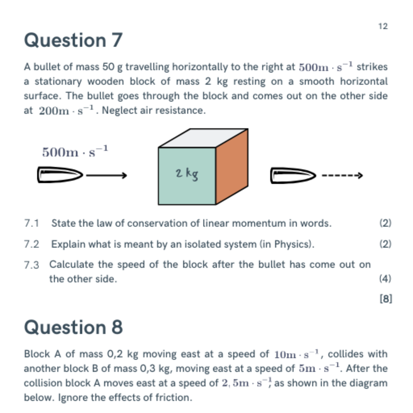 Physics question with a diagram of a bullet striking a wooden block on a white background