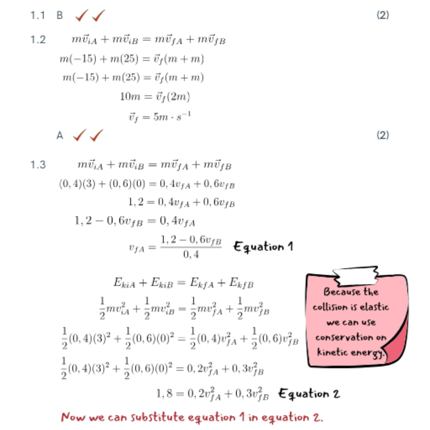Mathematical equations related to physics, including conservation of momentum and kinetic energy, on a white background.
