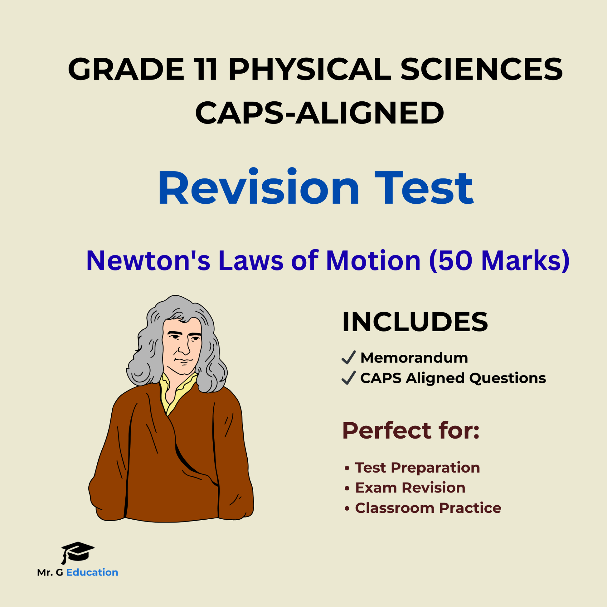 Revision test cover for Grade 11 Physical Sciences on Newton's Laws of Motion with a portrait of Isaac Newton.