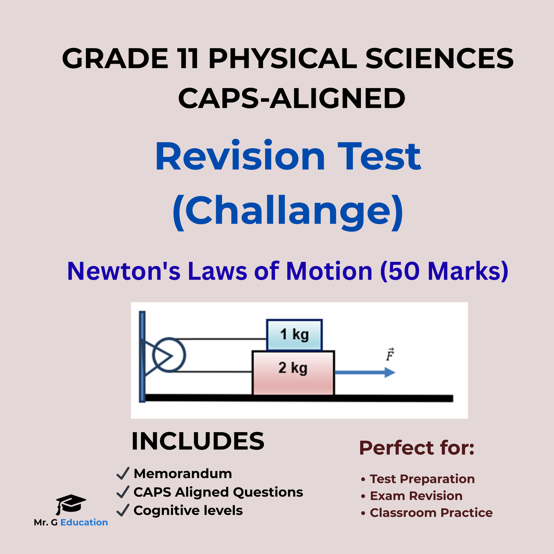 Promotional image for a Grade 11 Physical Sciences revision test on Newton's Laws of Motion, with text and diagram on a light gray background.